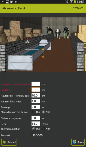 Saisie des mesures d'un abreuvoir collectif